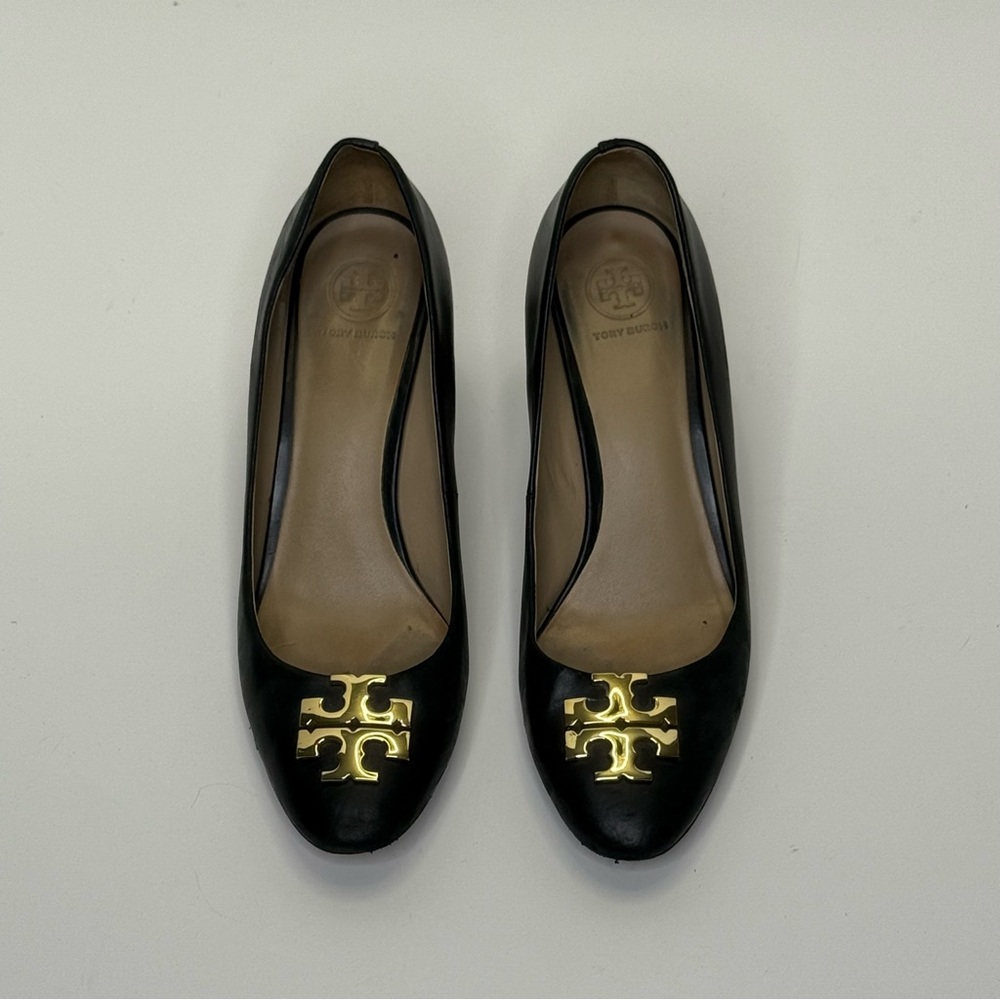 Tory Burch Black and Gold 3 Inch Block Heel with T Signature Logo - Picture 1 of 11